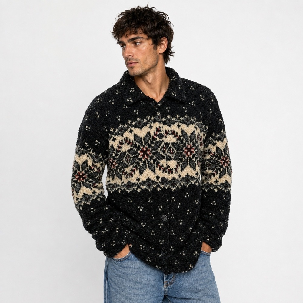 Essentials Style Fleece Jacket Large Black Vintage 90s Fair Isle Snowflake Coat
